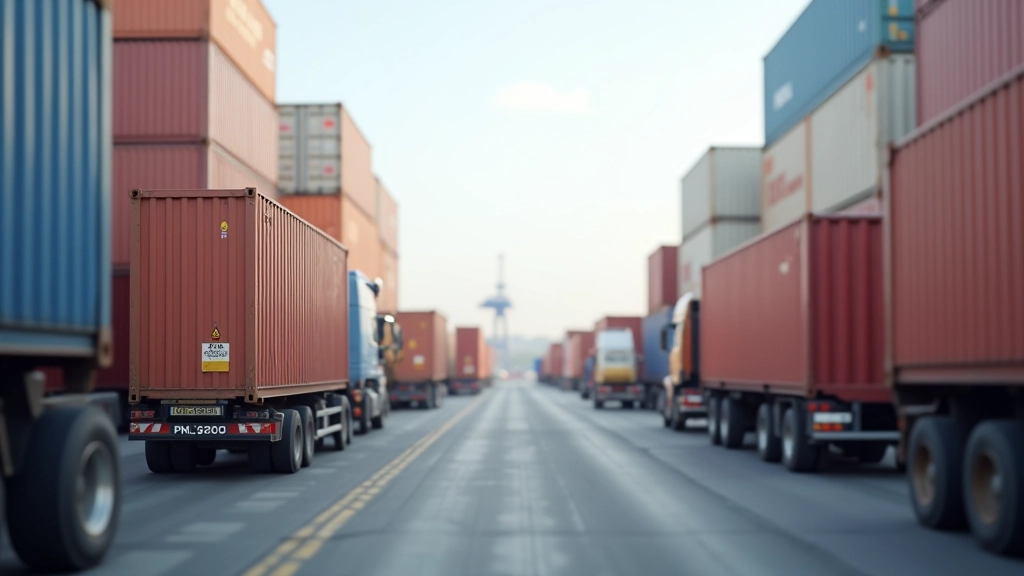 Kontejnery a logistické vozidla na přístavu připravené k vyvážení zboží do zahraničí