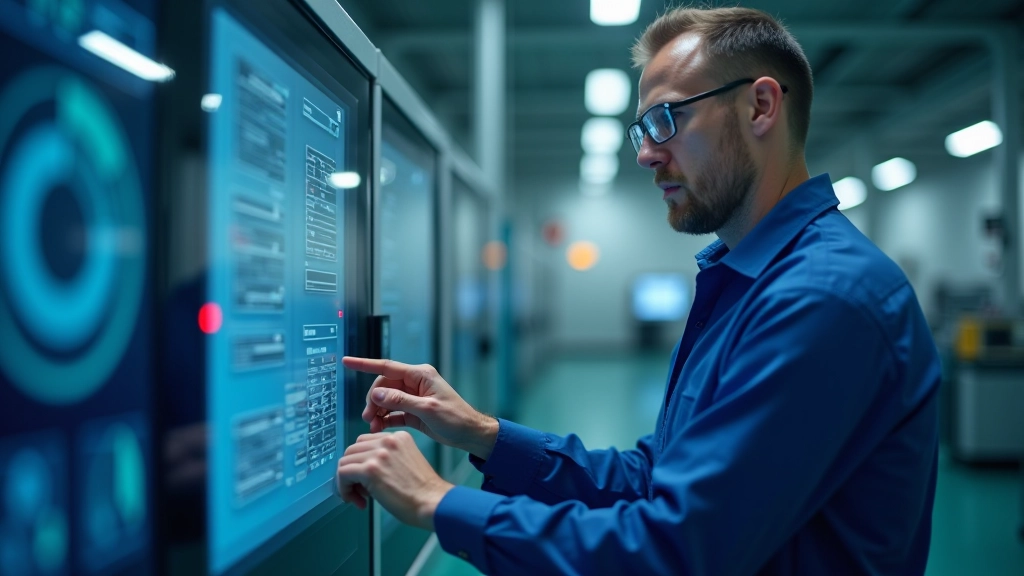 Moderní inženýr nebo technik pracující s pokročilým průmyslovým zařízením a digitálním rozhraním