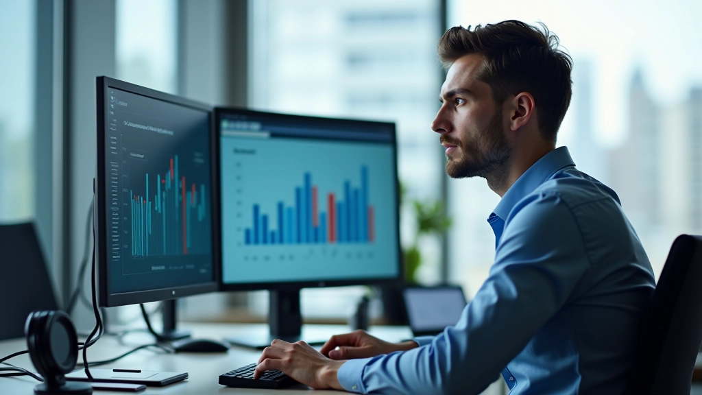 Finanční analytik studuje grafy a data na počítači v moderní kancelářské prostředí