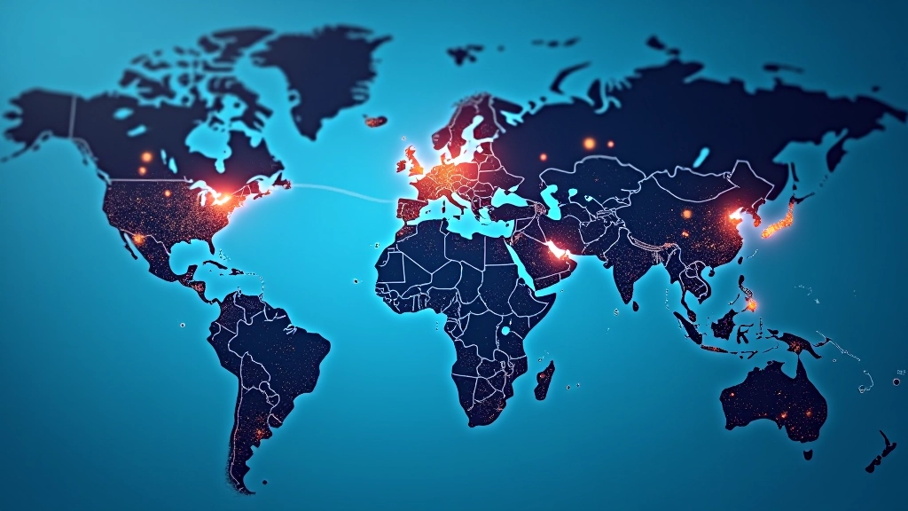 Mapa světa s označenými zeměmi a obchodními trasami, modré a červené čáry