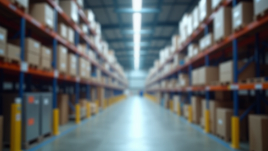 Průmyslový sklad s regály plnými balíků a součástek připravených k distribuci