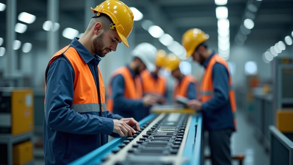 Pracovníci v průmyslovém závodě kontrolují kvalitu výrobků na výrobní lince