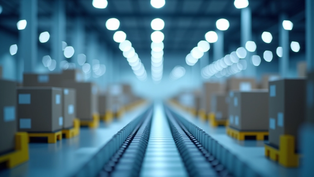 Moderní automatizovaný sklad s roboty a futuristickou logistikou, LED osvětlení