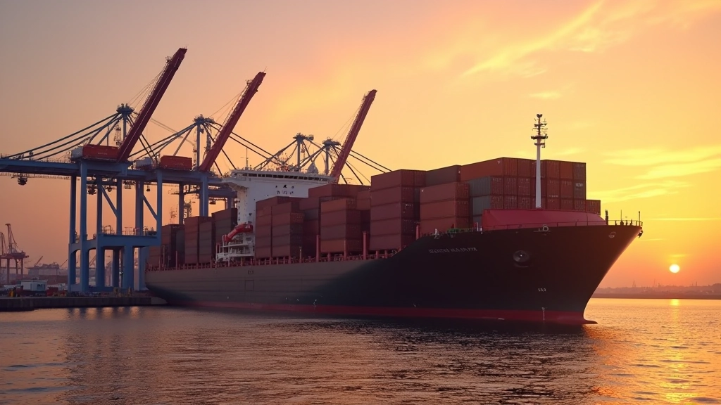 Moderní přístav s lodí, kontejnery a logistické zařízení za soumraku, obchodní aktivita