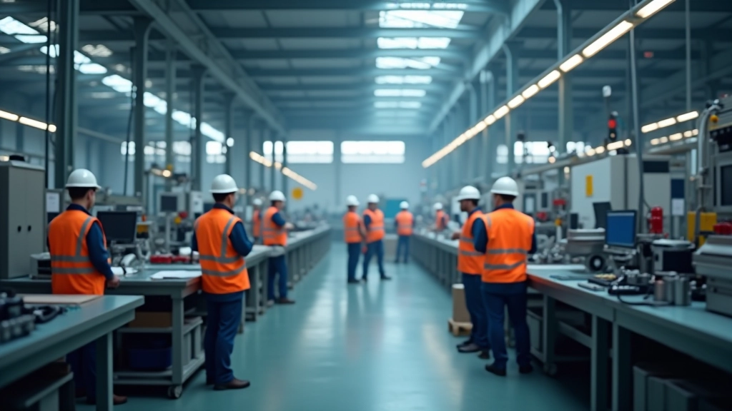 Průmyslová fabrika s výrobními linkami, pracovníci v helmách, strojní zařízení