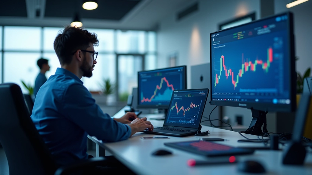 Moderní obchodní kancelář s grafickými daty na obrazovkách, profesionální pracovní prostředí