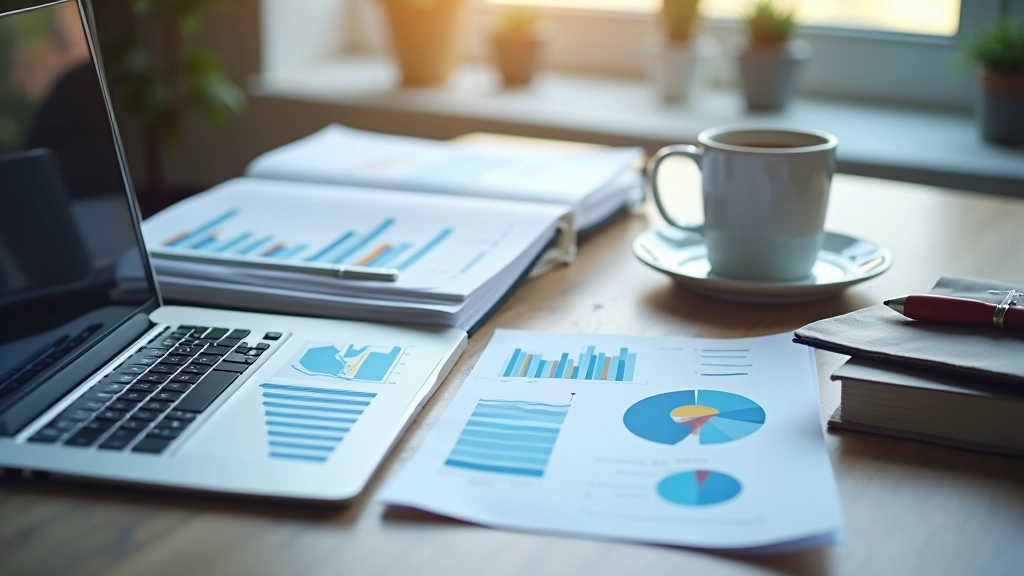 Pracovní stůl s notebookem a grafy ekonomických trendů, pohled zeshora na obchodní plánování