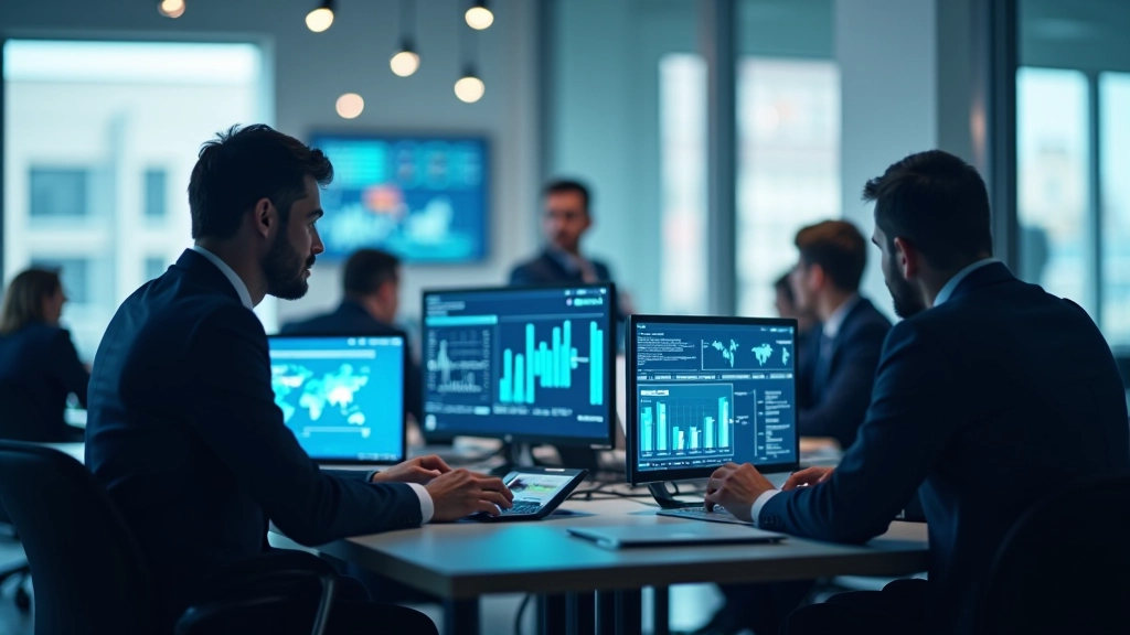 Pracovníci v moderním kancelářském prostředí s grafy a analytickými daty na obrazovce
