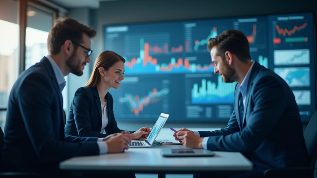 Tým analytiků pracuje s daty o mezinárodním obchodu, moderní office s grafy a tabulkami