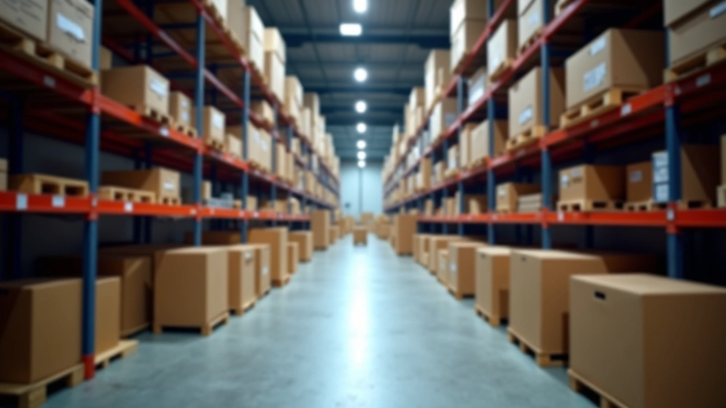 Skladová hala s organizovanými obchodními produkty a importovaným zbožím připraveným k distribuci